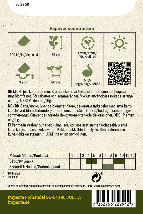 Frø: Enkel Valmue 'Polycephalum'