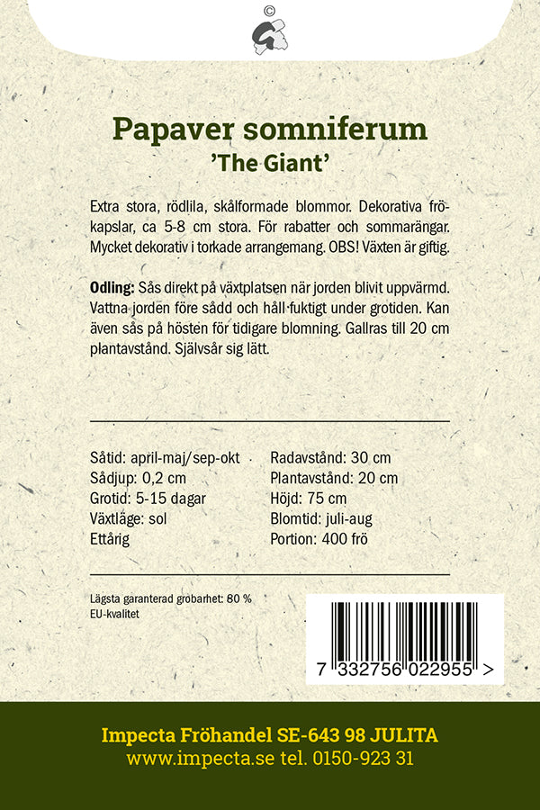 Frø: Enkel Valmue 'The Giant'