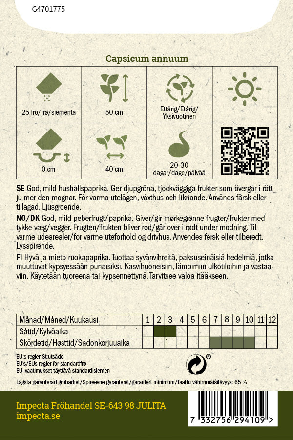 Frø: Paprika 'California Wonder'