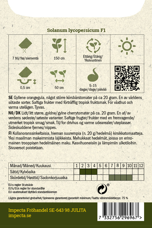 Frø: Cherrytomat F1 'Sungold'
