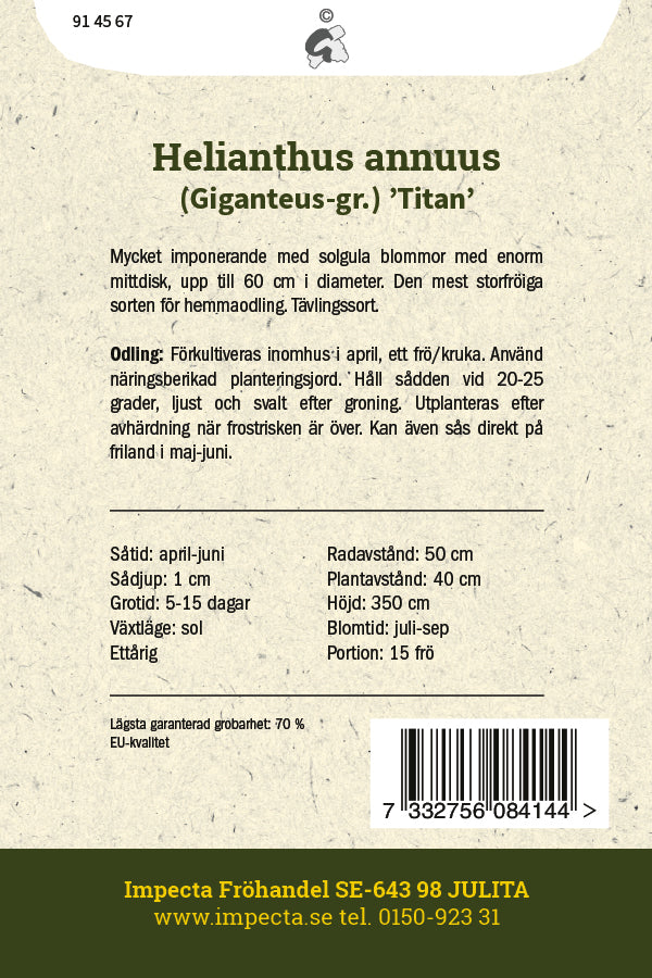 Frø: Kæmpe Solsikke 'Titan'