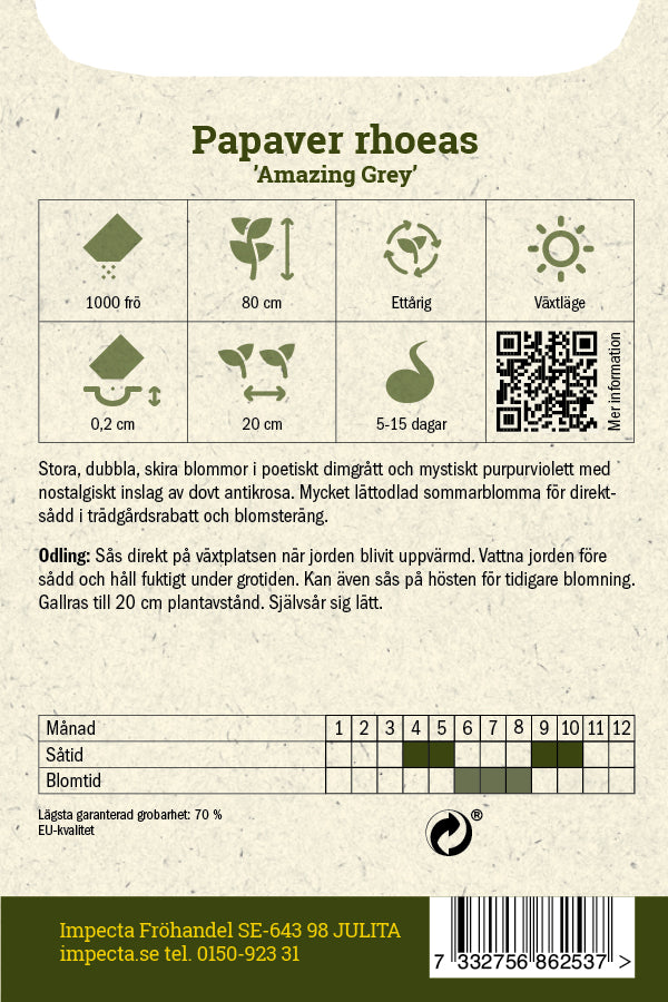 Frø: Kornvalmue 'Amazing Grey'