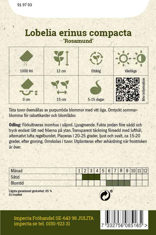 Frø: Kantlobelia 'Rosamund'